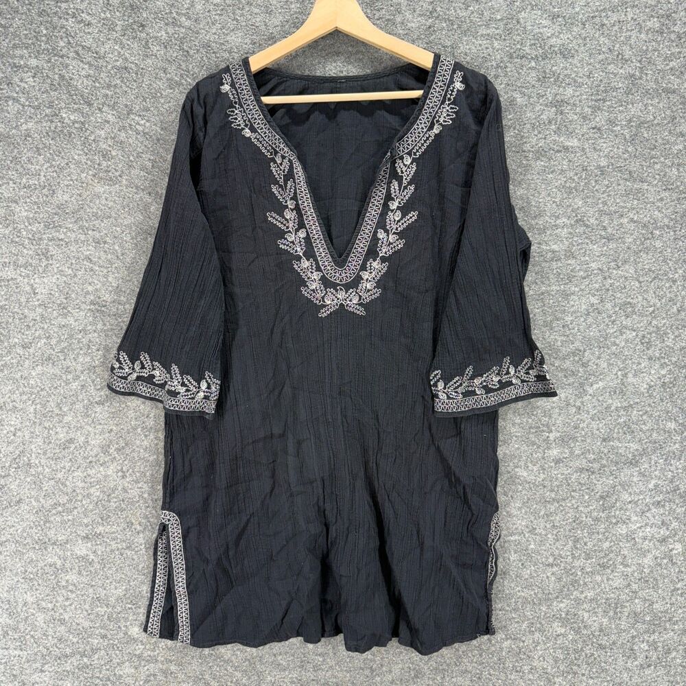 ON Mini Dress Women M Medium Black Floral Embroidered Short V-Neck 3/4 Sleeve